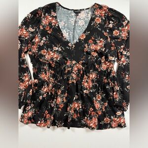 Torrid Black Floral Peplum Babydoll Blouse Size 1 Flowy Boho Plus Size Top